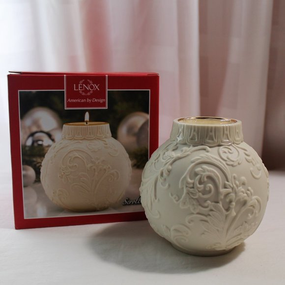 Lenox Ornamental Glow Holly Scrollwork Votive Holder, Bisque Porcelain, NIB - Picture 1 of 7